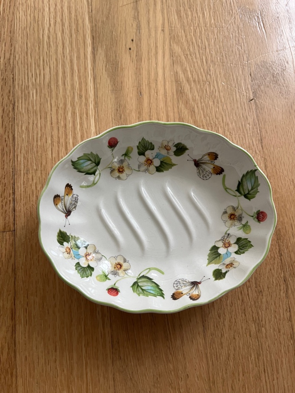 VINTAGE Old Foley Ceramic Floral Soap Dish with Green Trim and Butterfly Accents